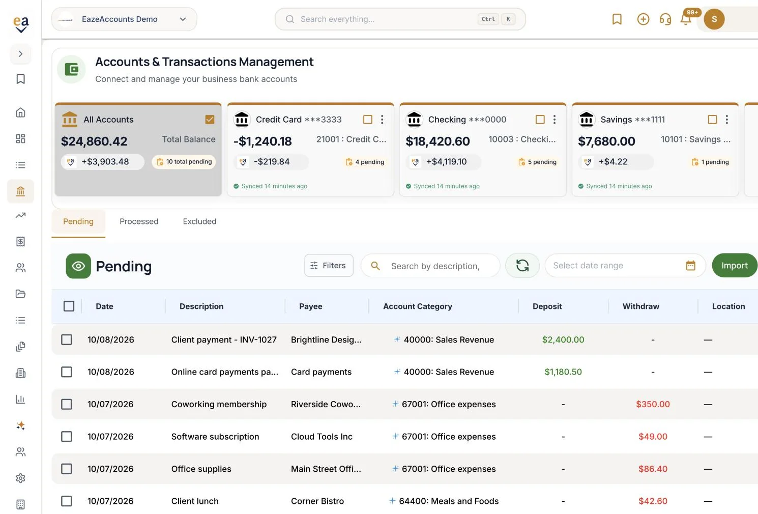 EazeAccounts bank accounts and transactions screen: checking, savings and credit card balances above a list of pending transactions, each with a suggested account category, deposit or withdrawal. On a phone: EazeAccounts mobile app, Dashboard: year-to-date cash flow with inflow, outflow and net, and the list of connected bank accounts.