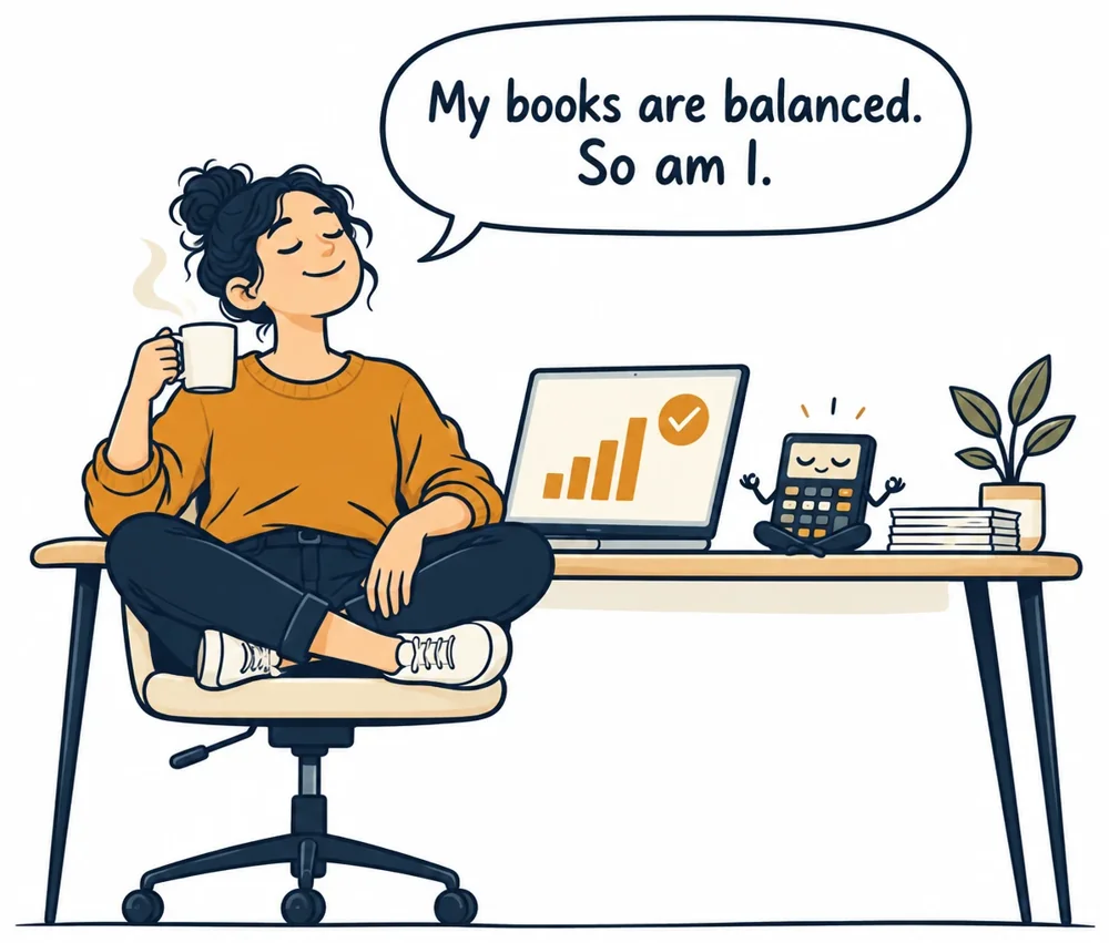Illustration: a business owner leans back with a coffee, laptop showing a rising chart with a tick, and says: My books are balanced. So am I.