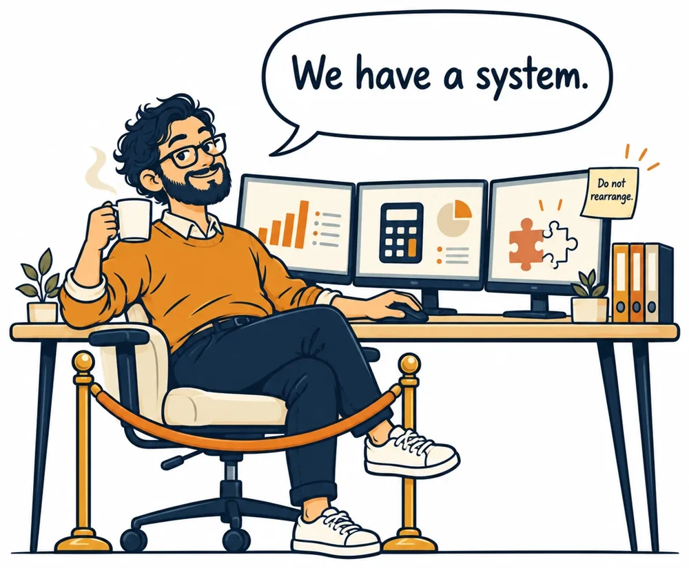 Illustration: an accountant at three monitors behind a velvet rope, with a sticky note reading Do not rearrange, and says: We have a system.