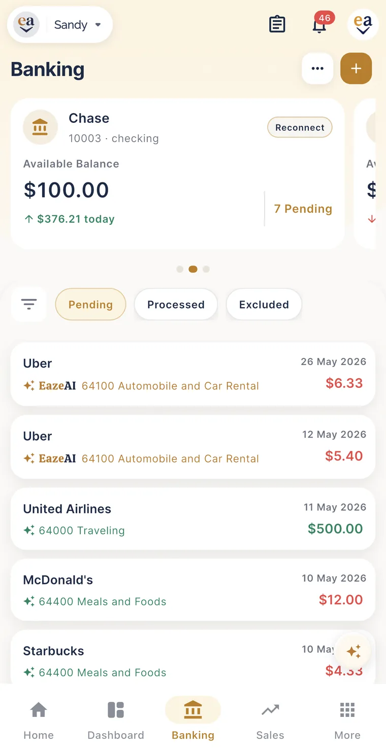 EazeAccounts mobile app, Banking screen: a connected Chase checking account with its available balance, and a list of pending transactions each with a category suggested by EazeAI.