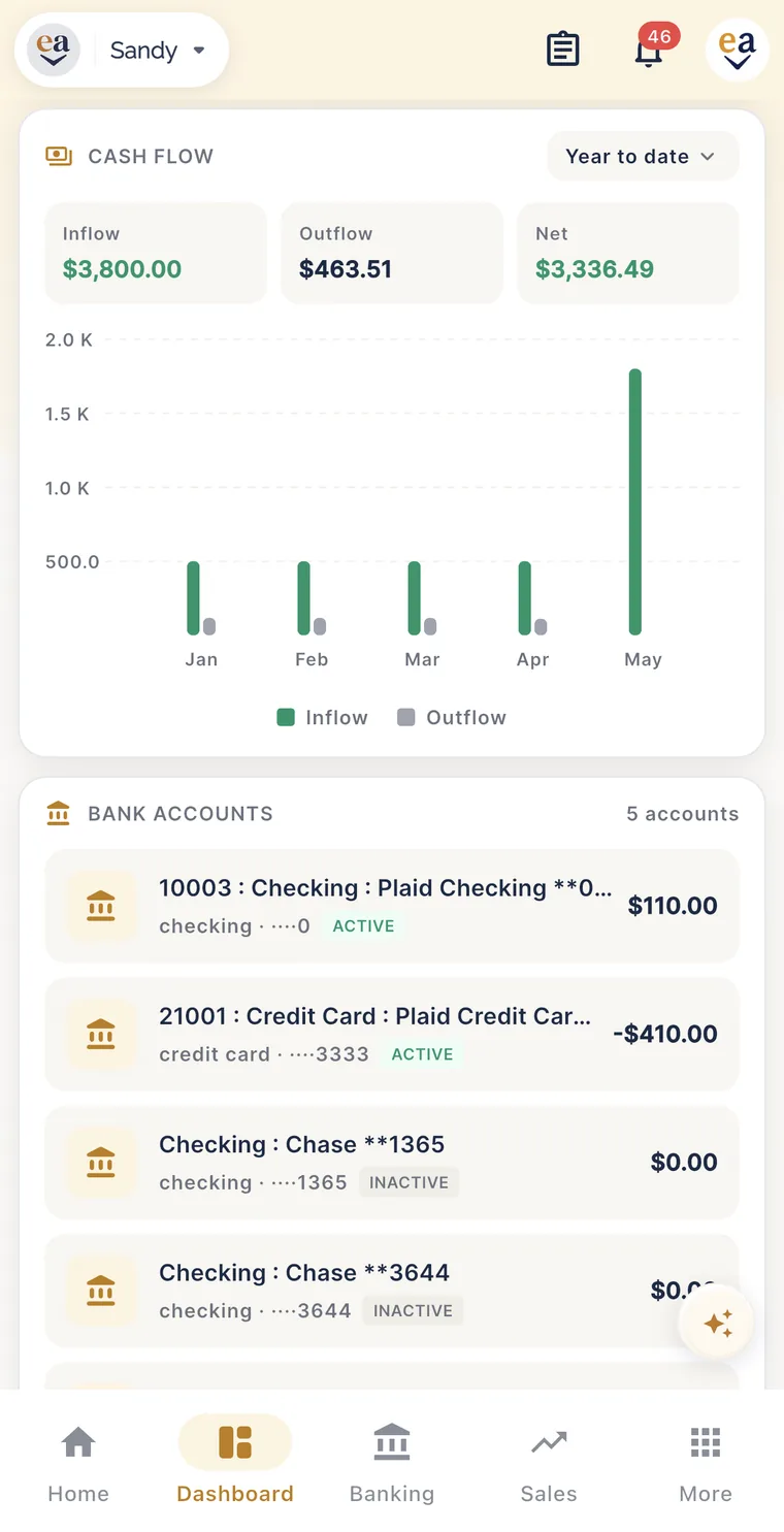 EazeAccounts mobile app, Dashboard: year-to-date cash flow with inflow, outflow and net, and the list of connected bank accounts.