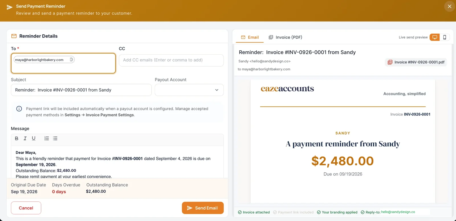 EazeAccounts send payment reminder screen: the reminder email being composed on the left and a live preview of the branded email with the invoice attached on the right.