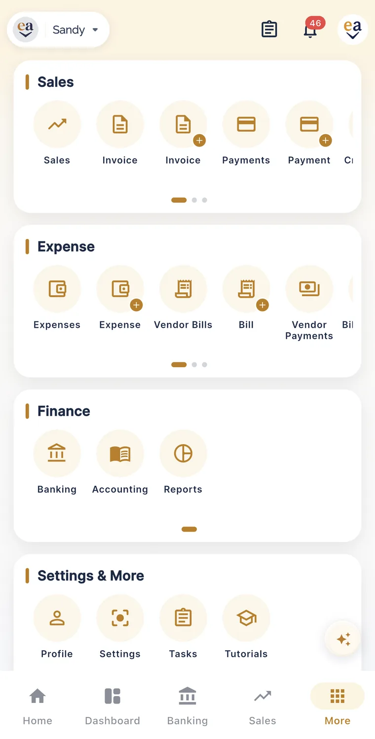 EazeAccounts mobile app, More menu: sales, expense, finance and settings modules including invoices, payments, bills, banking, accounting and reports.