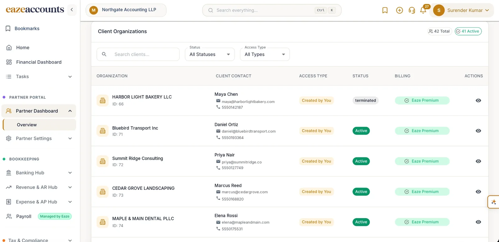 EazeAccounts partner dashboard, Client Organizations: a list of client businesses with contact, access type, status and the client's plan, with search and filters.